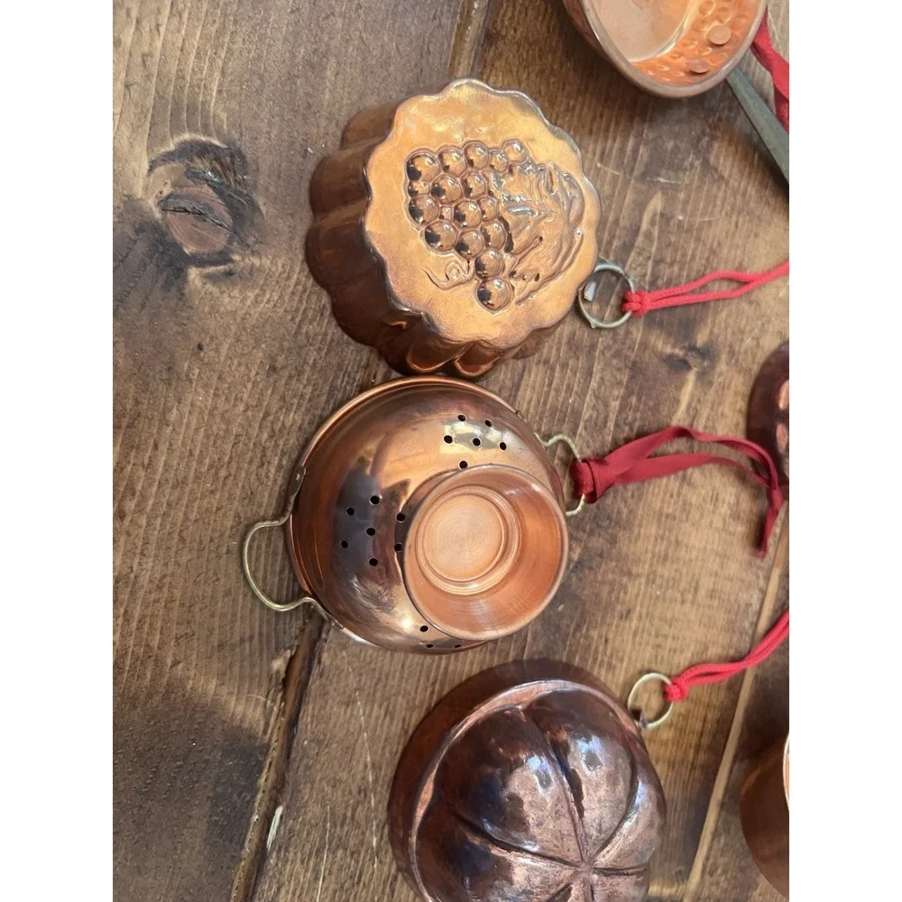 Set 8 Vintage Copper Kitchen Christmas Ornaments Colander Heart Pan Skillet Pots